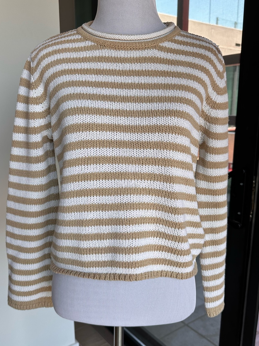 a new day Striped Crewneck Sweater in White & Camel